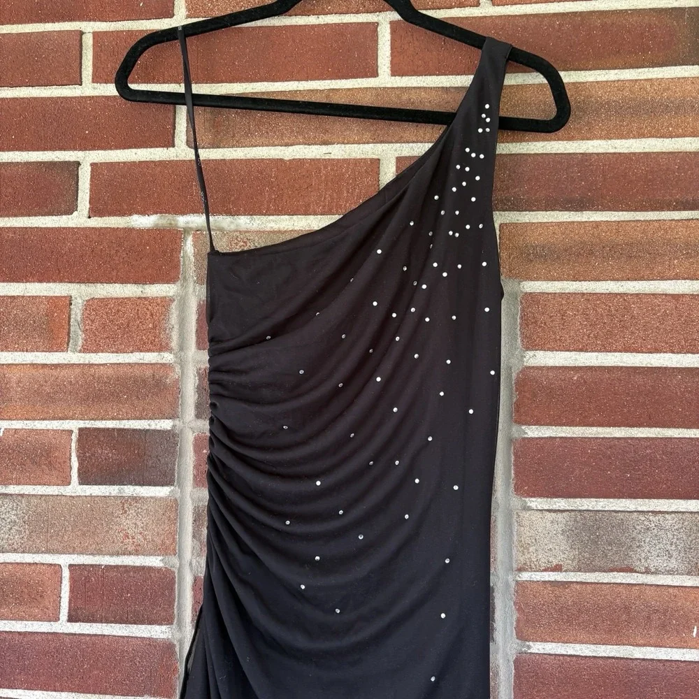 Vtg Y2k City Triangles Black One Shoulder Ruched Bling Gem MIDI Dress Sz S a2381